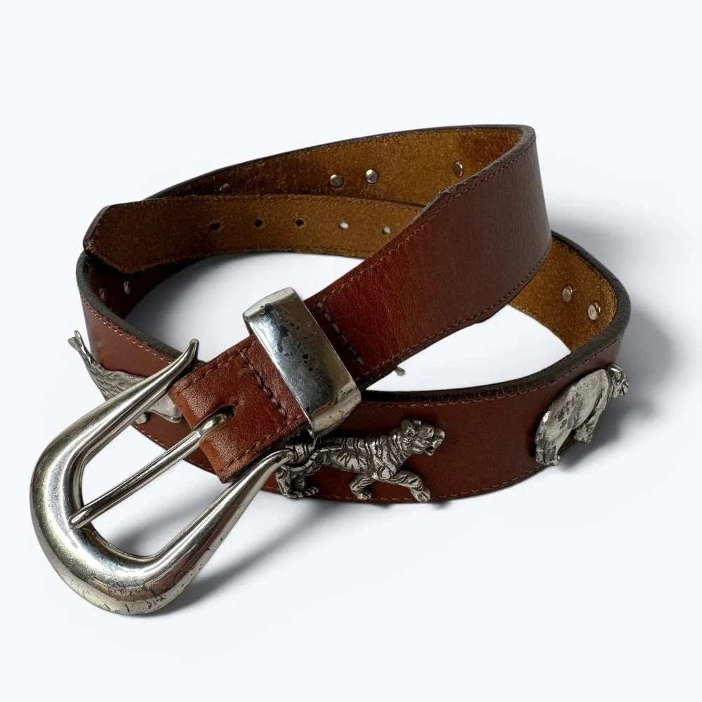 Honest Brighton Brown Leather Belt Silver Tone 3D Animals Safari Vtg 90s Sz 30